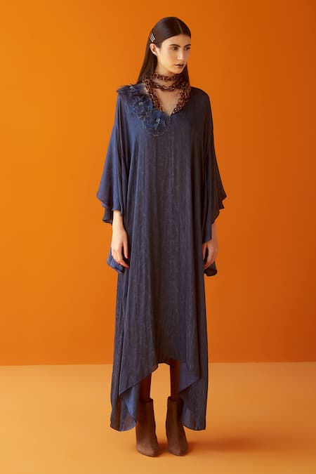 Sakshi Khetterpal Blue Textured Satin Modal V Neck Asymmetric Dress