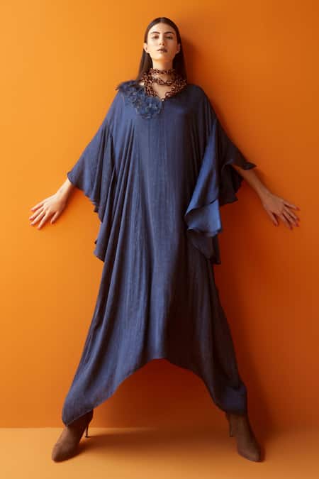 Shop Sakshi Khetterpal Blue Textured Satin Modal V Neck Asymmetric Dress at Aza Fashions Shop_Sakshi Khetterpal_Blue Textured Satin Modal V Neck Asymmetric Dress _at_Aza_Fashions