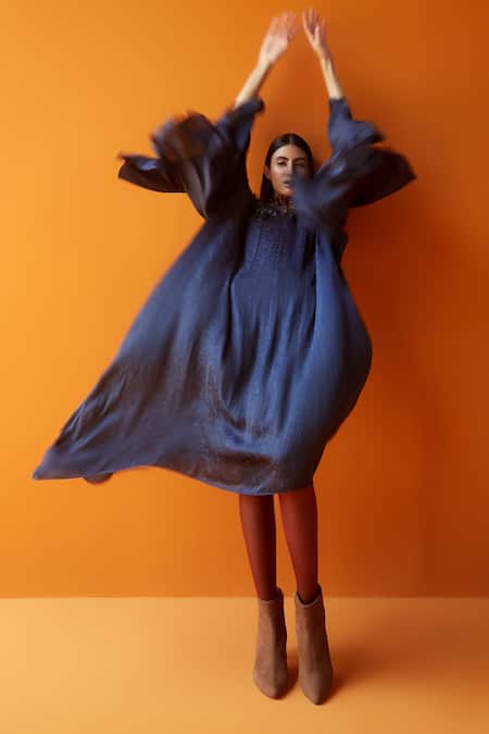 Sakshi Khetterpal Blue Textured Satin Modal V Neck Asymmetric Dress Online at Aza Fashions Sakshi Khetterpal_Blue Textured Satin Modal V Neck Asymmetric Dress _Online_at_Aza_Fashions