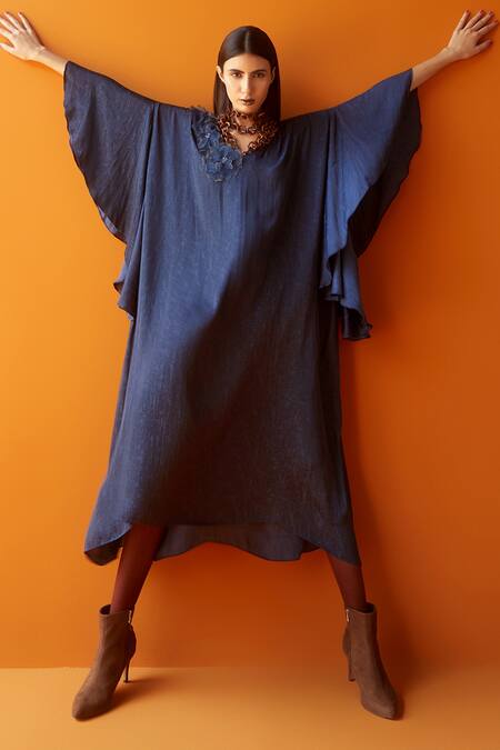 Buy Sakshi Khetterpal Blue Textured Satin Modal V Neck Asymmetric Dress Online at Aza Fashions Buy_Sakshi Khetterpal_Blue Textured Satin Modal V Neck Asymmetric Dress _Online_at_Aza_Fashions