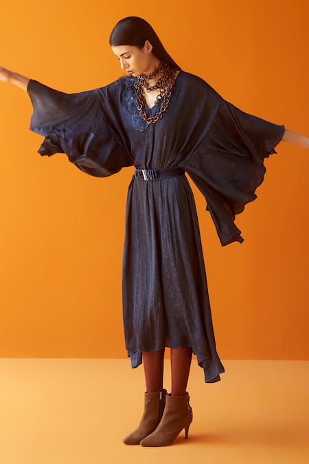 Shop Sakshi Khetterpal Blue Textured Satin Modal V Neck Asymmetric Dress Online at Aza Fashions Shop_Sakshi Khetterpal_Blue Textured Satin Modal V Neck Asymmetric Dress _Online_at_Aza_Fashions