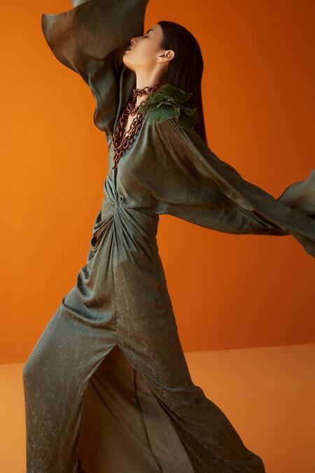 Sakshi Khetterpal Green Textured Satin Modal V Neck Knotted Dress Online at Aza Fashions Sakshi Khetterpal_Green Textured Satin Modal V Neck Knotted Dress _Online_at_Aza_Fashions