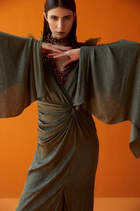 Buy Sakshi Khetterpal Green Textured Satin Modal V Neck Knotted Dress Online at Aza Fashions Buy_Sakshi Khetterpal_Green Textured Satin Modal V Neck Knotted Dress _Online_at_Aza_Fashions