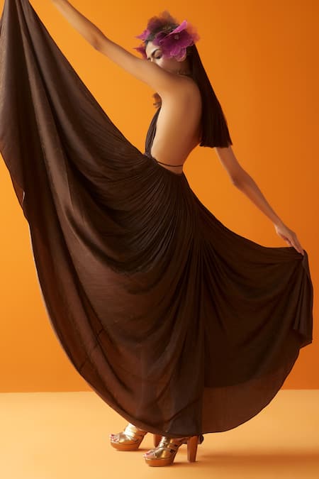 Shop Sakshi Khetterpal Brown Textured Satin Modal Embroidery Halter Gathered Dress at Aza Fashions Shop_Sakshi Khetterpal_Brown Textured Satin Modal Embroidery Halter Gathered Dress _at_Aza_Fashions