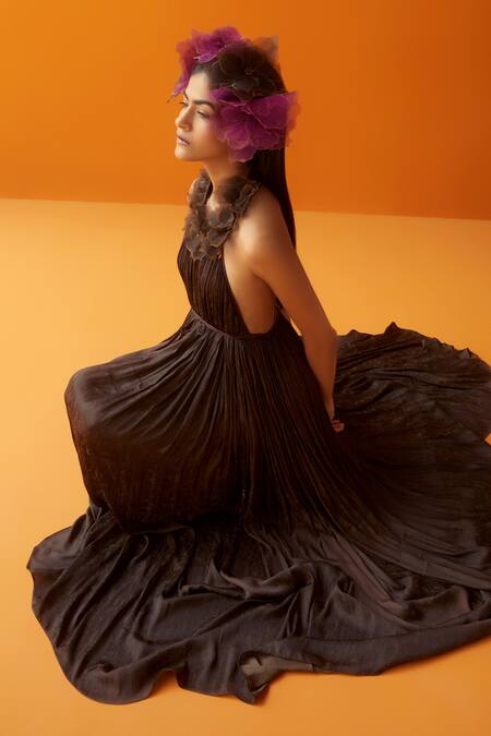 Sakshi Khetterpal Brown Textured Satin Modal Embroidery Halter Gathered Dress Online at Aza Fashions Sakshi Khetterpal_Brown Textured Satin Modal Embroidery Halter Gathered Dress _Online_at_Aza_Fashions