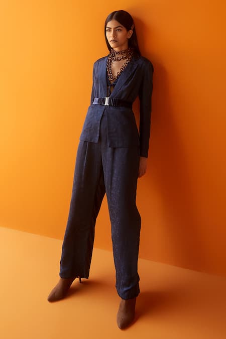 Shop Sakshi Khetterpal Blue Textured Satin Modal Blazer Lapel Collar Bralette V-neck And Pant Set at Aza Fashions Shop_Sakshi Khetterpal_Blue Textured Satin Modal Blazer Lapel Collar Bralette V-neck And Pant Set _at_Aza_Fashions