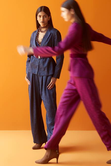 Buy Sakshi Khetterpal Blue Textured Satin Modal Blazer Lapel Collar Bralette V-neck And Pant Set Online at Aza Fashions Buy_Sakshi Khetterpal_Blue Textured Satin Modal Blazer Lapel Collar Bralette V-neck And Pant Set _Online_at_Aza_Fashions