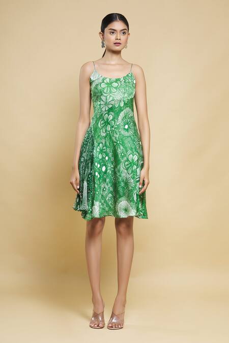Shop_Saaksha & Kinni_Green Floral Print Flared Dress_Online_at_Aza_Fashions
