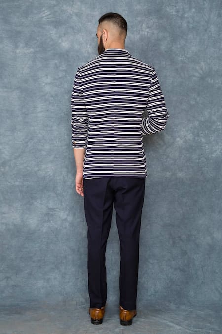 Shop Sarab Khanijou Blue Jersey Striped Blazer at Aza Fashions Shop_Sarab Khanijou_Blue Jersey Striped Blazer _at_Aza_Fashions