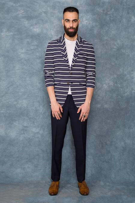 Sarab Khanijou Blue Jersey Striped Blazer Online at Aza Fashions Sarab Khanijou_Blue Jersey Striped Blazer _Online_at_Aza_Fashions