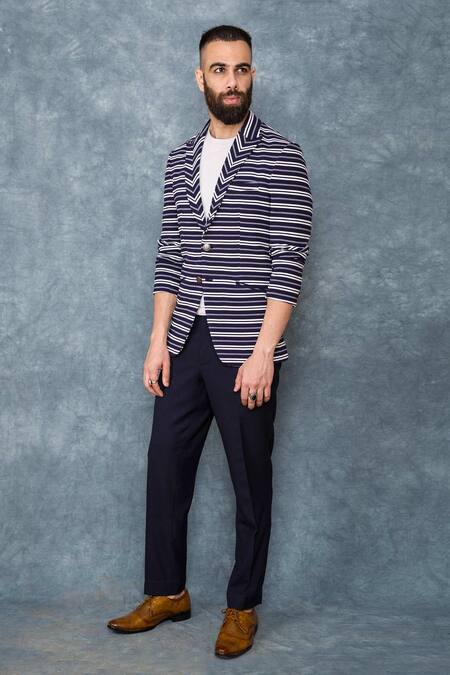 Buy Sarab Khanijou Blue Jersey Striped Blazer Online at Aza Fashions Buy_Sarab Khanijou_Blue Jersey Striped Blazer _Online_at_Aza_Fashions