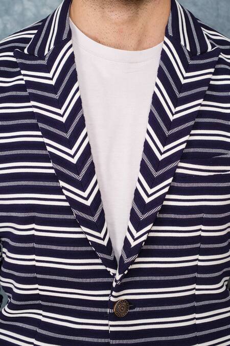 Shop Sarab Khanijou Blue Jersey Striped Blazer Online at Aza Fashions Shop_Sarab Khanijou_Blue Jersey Striped Blazer _Online_at_Aza_Fashions