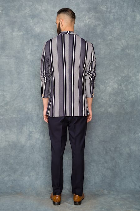 Shop Sarab Khanijou Blue Jersey Striped Blazer at Aza Fashions Shop_Sarab Khanijou_Blue Jersey Striped Blazer _at_Aza_Fashions