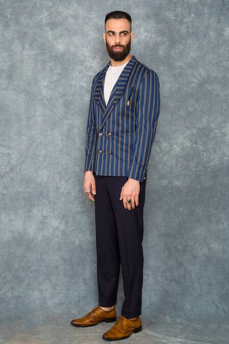 Buy_Sarab Khanijou_Blue Suiting Striped Blazer _Online_at_Aza_Fashions