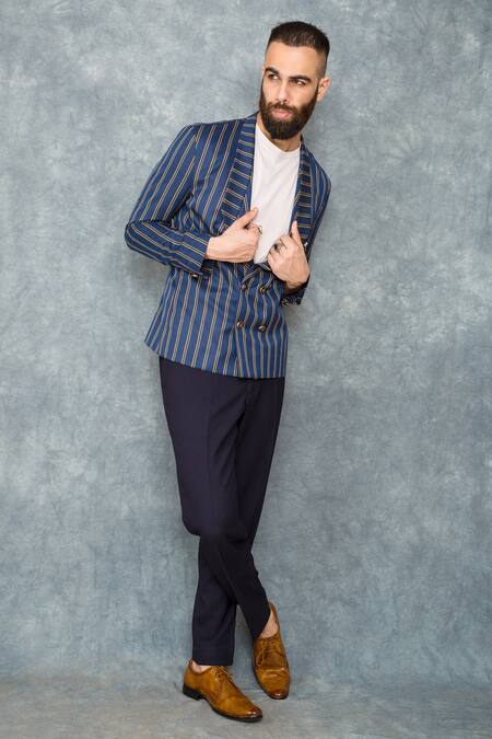 Shop_Sarab Khanijou_Blue Suiting Striped Blazer _Online_at_Aza_Fashions