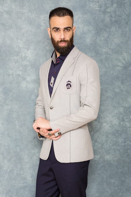 Sarab Khanijou Grey Suiting Textured Blazer And Pant Set 