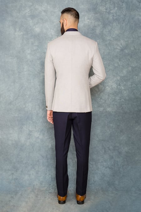Shop Sarab Khanijou Grey Suiting Textured Blazer And Pant Set at Aza Fashions Shop_Sarab Khanijou_Grey Suiting Textured Blazer And Pant Set _at_Aza_Fashions