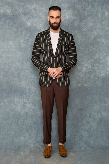 Buy_Sarab Khanijou_Green Suiting Striped Blazer And Pant Set _Online_at_Aza_Fashions