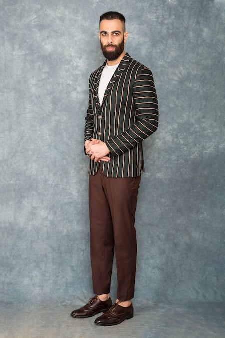 Sarab Khanijou_Green Suiting Striped Blazer And Pant Set _Online_at_Aza_Fashions