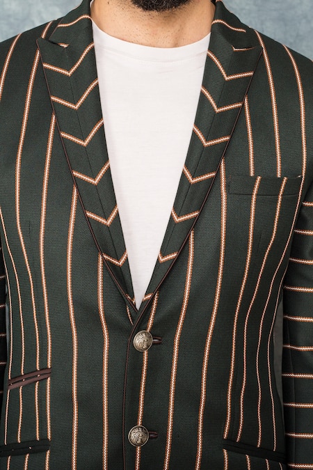 Sarab Khanijou_Green Suiting Striped Blazer And Pant Set _at_Aza_Fashions
