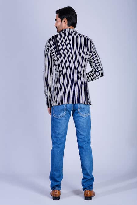 Shop Sarab Khanijou Blue Jersey Striped Blazer at Aza Fashions Shop_Sarab Khanijou_Blue Jersey Striped Blazer _at_Aza_Fashions