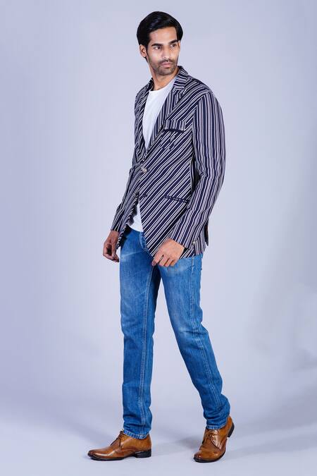 Sarab Khanijou Blue Jersey Striped Blazer Online at Aza Fashions Sarab Khanijou_Blue Jersey Striped Blazer _Online_at_Aza_Fashions