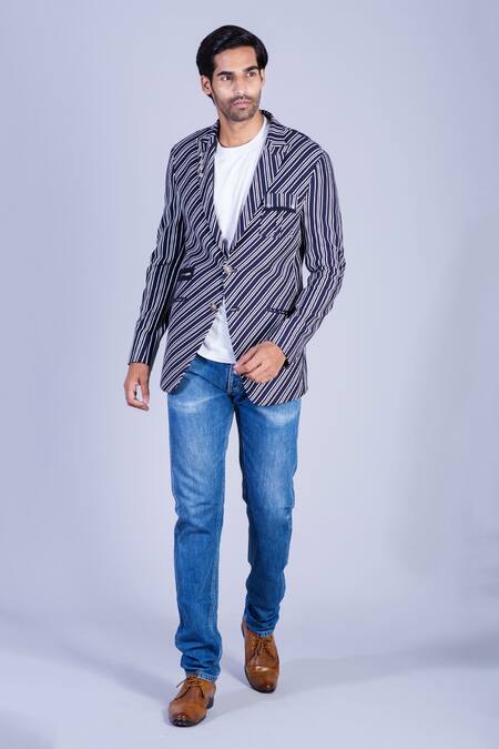 Buy Sarab Khanijou Blue Jersey Striped Blazer Online at Aza Fashions Buy_Sarab Khanijou_Blue Jersey Striped Blazer _Online_at_Aza_Fashions
