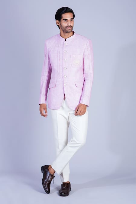 Sarab Khanijou Pink Linen, Suiting Bandhgala Set Online at Aza Fashions Sarab Khanijou_Pink Linen, Suiting Bandhgala Set _Online_at_Aza_Fashions