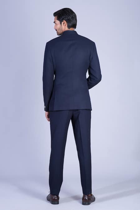 Shop Sarab Khanijou Blue Suiting Overlap Bandhgala Set at Aza Fashions Shop_Sarab Khanijou_Blue Suiting Overlap Bandhgala Set _at_Aza_Fashions