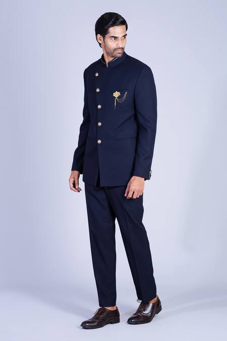 Sarab Khanijou Blue Suiting Overlap Bandhgala Set Online at Aza Fashions Sarab Khanijou_Blue Suiting Overlap Bandhgala Set _Online_at_Aza_Fashions