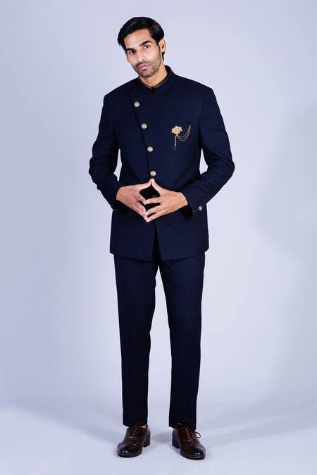 Buy Sarab Khanijou Blue Suiting Overlap Bandhgala Set Online at Aza Fashions Buy_Sarab Khanijou_Blue Suiting Overlap Bandhgala Set _Online_at_Aza_Fashions