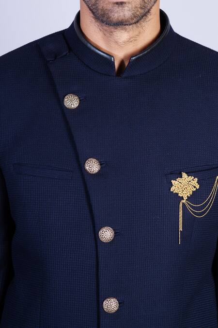 Shop Sarab Khanijou Blue Suiting Overlap Bandhgala Set Online at Aza Fashions Shop_Sarab Khanijou_Blue Suiting Overlap Bandhgala Set _Online_at_Aza_Fashions