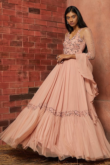 Shloka Khialani Pink Crepe Embellished Anarkali With Dupatta  