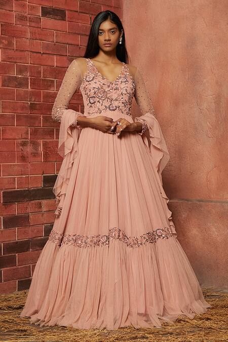 Shloka Khialani_Pink Net, Crepe, Georgette Embellished Anarkali With Dupatta_Online_at_Aza_Fashions