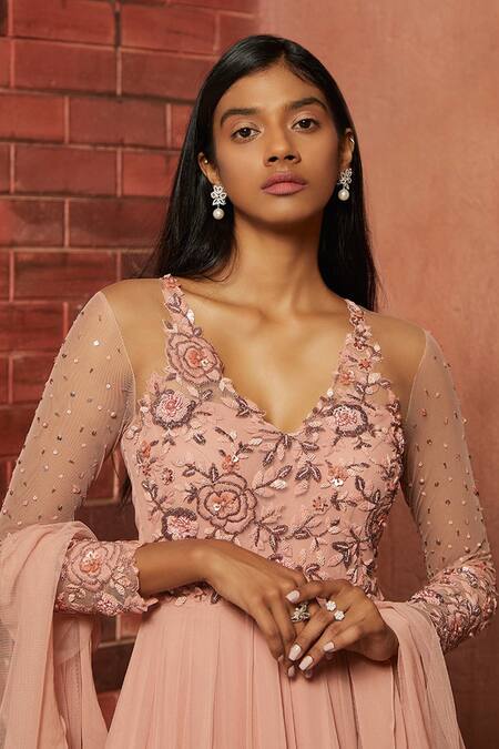 Buy_Shloka Khialani_Pink Net, Crepe, Georgette Embellished Anarkali With Dupatta_Online_at_Aza_Fashions