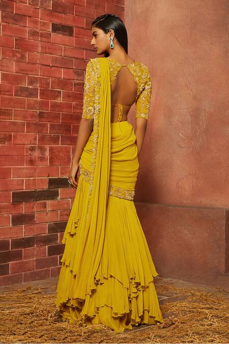 Shop_Shloka Khialani_Yellow Net, Georgette Embellished Pre-draped Saree_at_Aza_Fashions