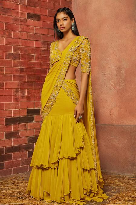 Shloka Khialani_Yellow Net, Georgette Embellished Pre-draped Saree_Online_at_Aza_Fashions