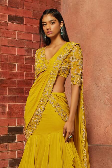 Buy_Shloka Khialani_Yellow Net, Georgette Embellished Pre-draped Saree_Online_at_Aza_Fashions
