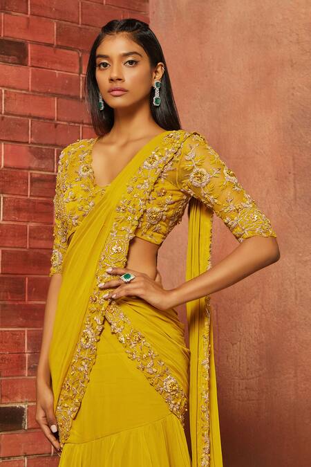 Shop_Shloka Khialani_Yellow Net, Georgette Embellished Pre-draped Saree_Online_at_Aza_Fashions