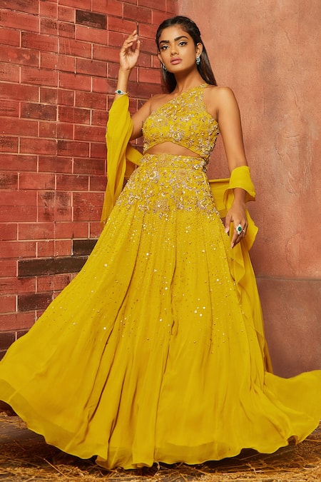 Buy_Shloka Khialani_Yellow Georgette Embellished Lehenga Set  _Online_at_Aza_Fashions