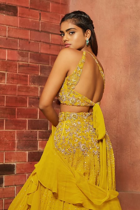 Shop_Shloka Khialani_Yellow Georgette Embellished Lehenga Set  _Online_at_Aza_Fashions