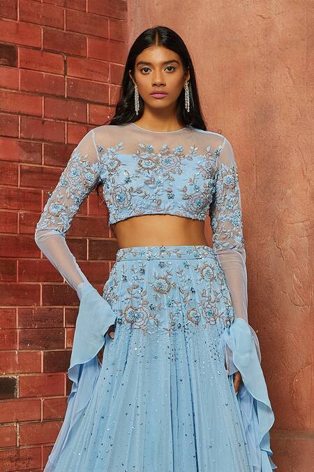 Shloka Khialani_Blue Net, Georgette Embellished Lehenga Set_Online_at_Aza_Fashions