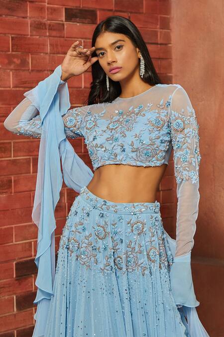 Buy_Shloka Khialani_Blue Net, Georgette Embellished Lehenga Set_Online_at_Aza_Fashions