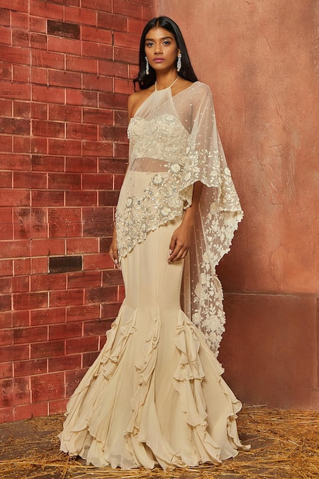 Shloka Khialani_White Georgette Ruffle Lehenga Saree With Blouse _Online_at_Aza_Fashions