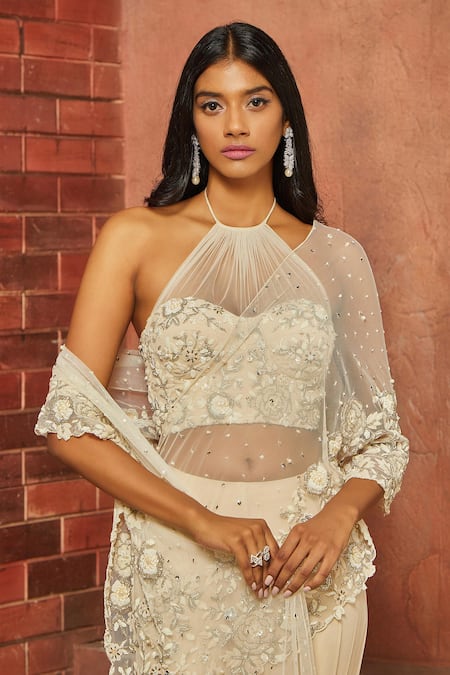 Buy_Shloka Khialani_White Georgette Ruffle Lehenga Saree With Blouse _Online_at_Aza_Fashions