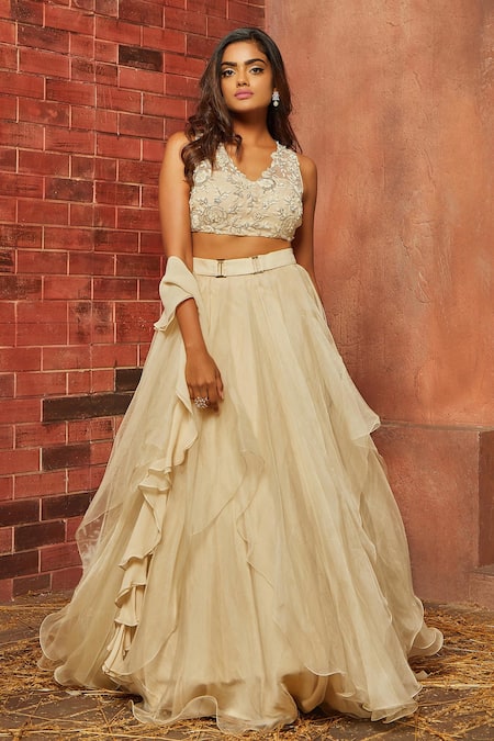 Shop Shloka Khialani White Organza, Net, Georgette Ruffle Lehenga Set at Aza Fashions Shop_Shloka Khialani_White Organza, Net, Georgette Ruffle Lehenga Set _at_Aza_Fashions