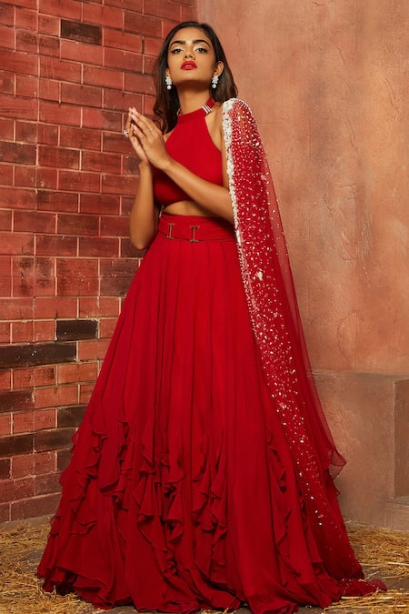 Shop Shloka Khialani Red Net, Georgette Ruffle Lehenga Set at Aza Fashions Shop_Shloka Khialani_Red Net, Georgette Ruffle Lehenga Set _at_Aza_Fashions