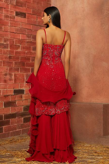 Shop_Shloka Khialani_Red Net, Georgette Embellished Kurta Sharara Set_at_Aza_Fashions