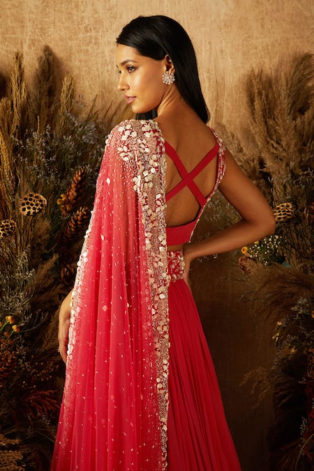 Shop Shloka Khialani Pink Net, Crepe, Georgette V Neck Embroidered Bridal Lehenga Set at Aza Fashions Shop_Shloka Khialani_Pink Net, Crepe, Georgette V Neck Embroidered Bridal Lehenga Set _at_Aza_Fashions