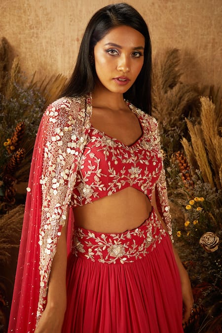Shop Shloka Khialani Pink Net, Crepe, Georgette V Neck Embroidered Bridal Lehenga Set Online at Aza Fashions Shop_Shloka Khialani_Pink Net, Crepe, Georgette V Neck Embroidered Bridal Lehenga Set _Online_at_Aza_Fashions